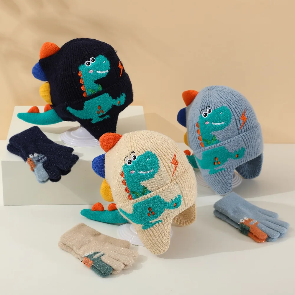 

Cute Kids Baby Winter Hat & Gloves Set Toddler Boys Knitted Beanie with Earflap Fleece Dinosaur Cap Gloves for Infant Toddler