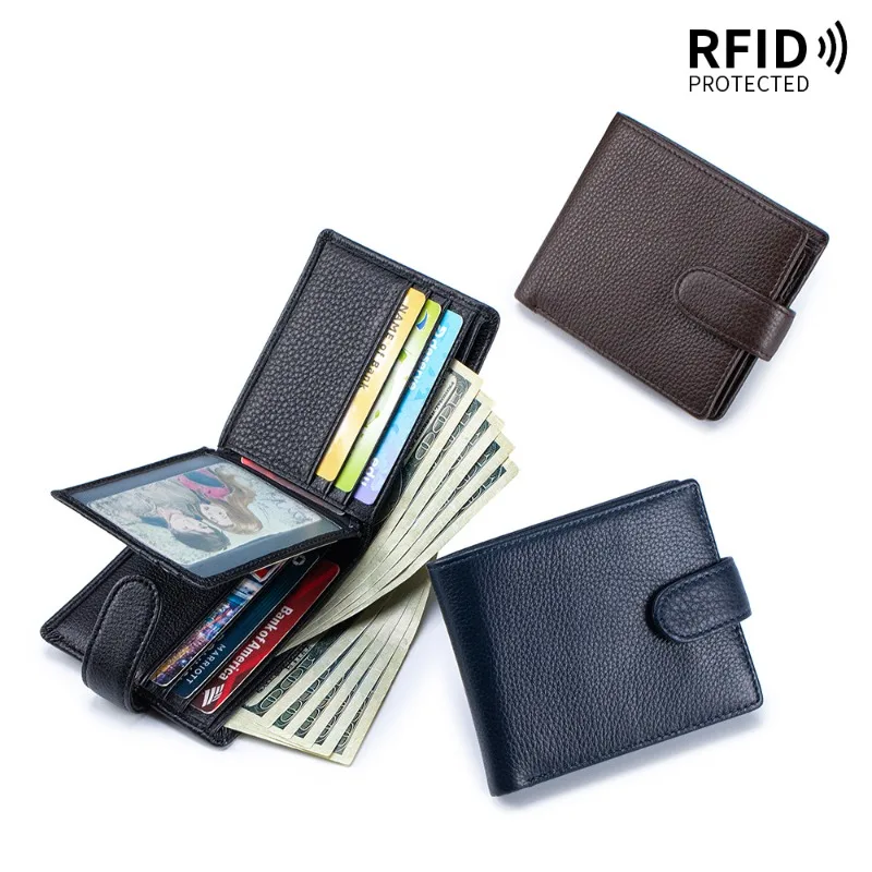RFID Blocking Pebbled Genuine Leather Bifold Wallet for Men, Snap Closure Short Wallet with ID Window Multi-Card Slots Wallet