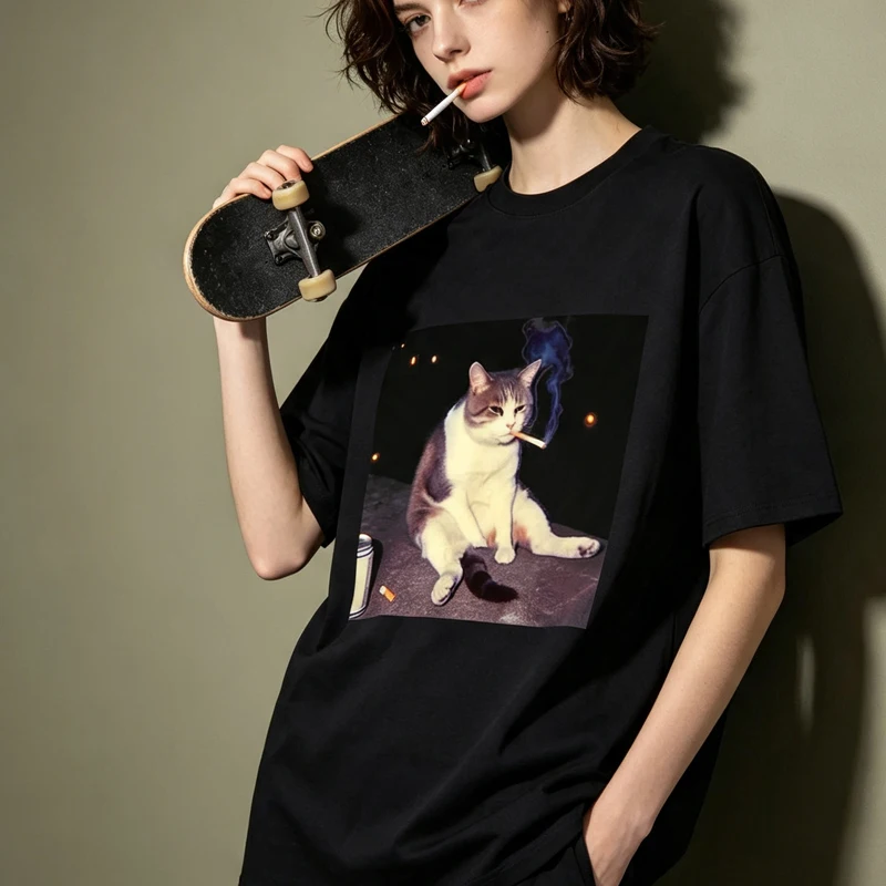 Funny Fashion T-shirts Casual Tees Vintage Cigarette Kitten Smoking Cat Meme Stupid Graphic T-Shirt Men Women Clothing