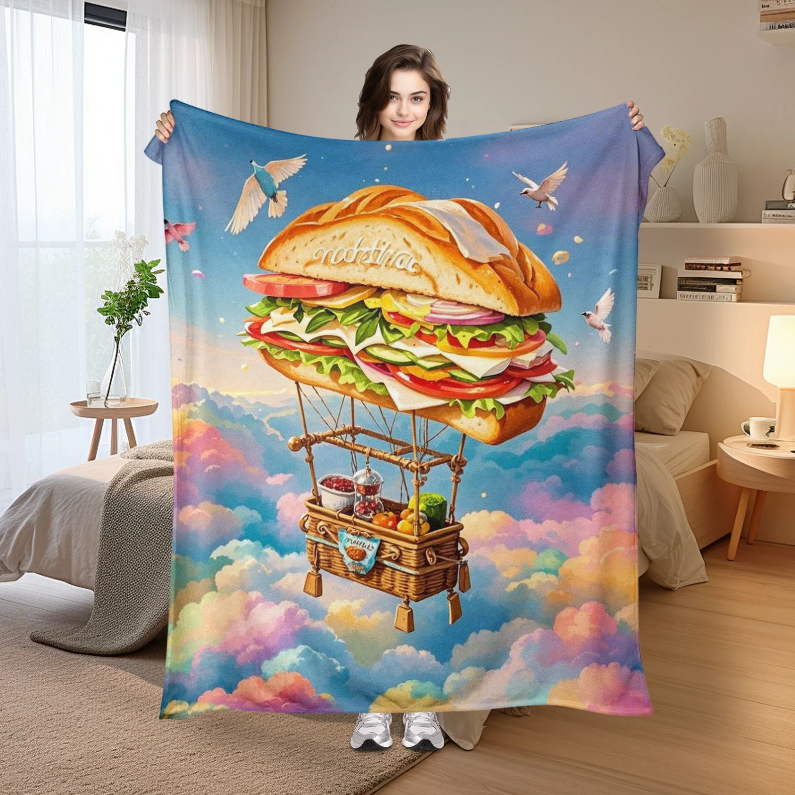 

Whimsical Sandwich Rainbow Clouds Birds Balloons Dreamy Design Cozy Blanket Unique Gift Idea Warm Throw Home Decor Theme
