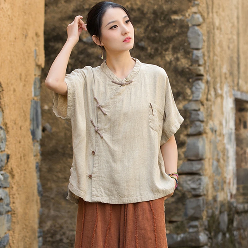 Femmes coton lin chemise décontractée nouveau 2025 été Style chinois Vintage col montant ample femme à manches courtes hauts chemises M1307