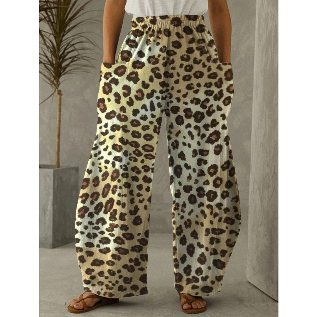 Summer Women's Pants With Leopard Print Double Pockets, Casual Elastic Waistband Pants, Loose And Fashionable On The Street