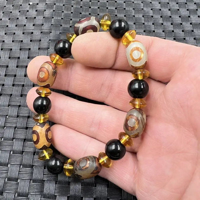 Black Agate Dzi Bead Bucket Bead Bracelet Three-eye Dzi Bead Passepartout Bracelet.