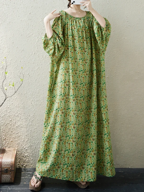 

Large Size Batwing Sve Cotton Linen Print Dr Loose Meat Concealing Slimming Robe Lantern Sve Long Dr