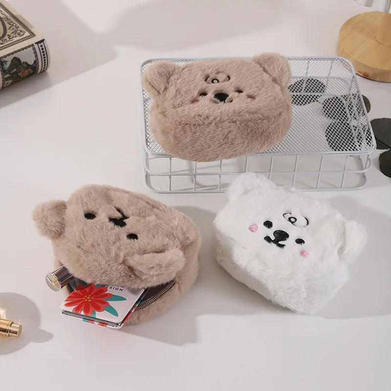 ISKYBOB Kids Cute Plush Bear Coin Purse Women Plush Doll Wallet With Zipper Lipstick Bag Small Makeup Storage Bag Earphone Bag