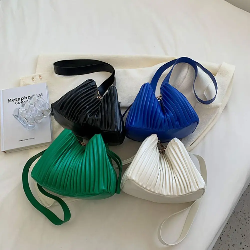 PU couro plissado crossbody saco para senhoras, monocromático, cordão PU bolsa, alça de ombro, balde saco, moda