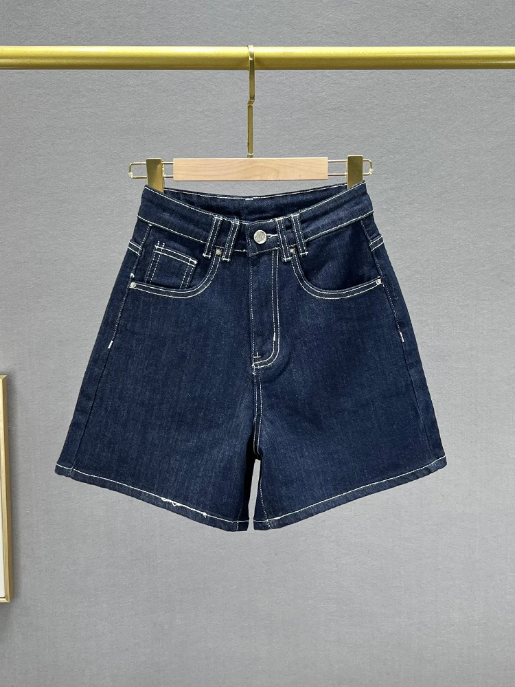 

High Waist Loose Fit Slimming Denim orts Women's Summer Faion Elastic Waisand A-Line Wide Leg Hot Pants Blue Cotton Str...
