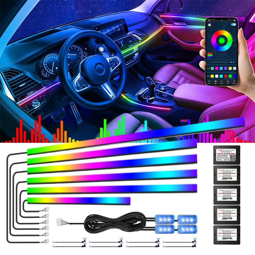 

Universal RGB 64 Color Car Ambient Light LED Interior Hidden Acrylic Strip Symphony Atmosphere Lamp With APP Button Zone Control