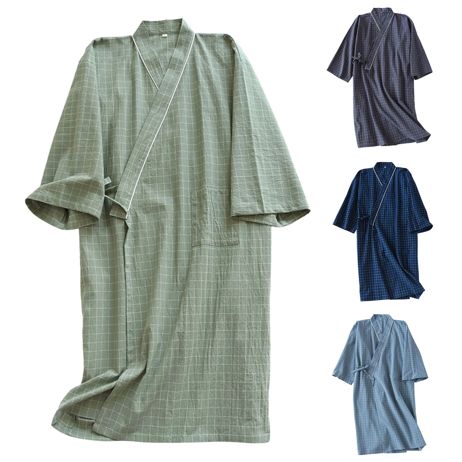 Spring Couple Plaid Kimono Pajamas Long Robe Home Clothe V-Neck Three Quarter Sleepwear Thin Men and Women Washed Cotton Pijamas