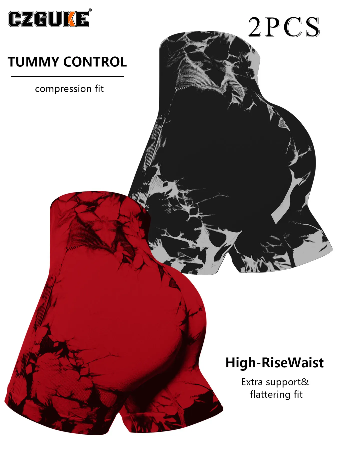 CZGUKE 2-PCS Seamless Tie Dye Women's Sports Tight Shorts Summer Sexy High Waist and Hip Lifting Yoga Fitness Cycling Shorts