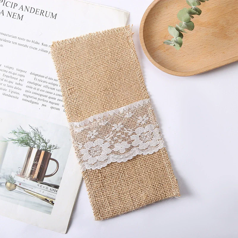 

10/20/30pcs Burlap Cutlery Coverwith White Lace Trim Rustic Jute Wedding Bridal Shower Birthday Party Table Decor Supplies