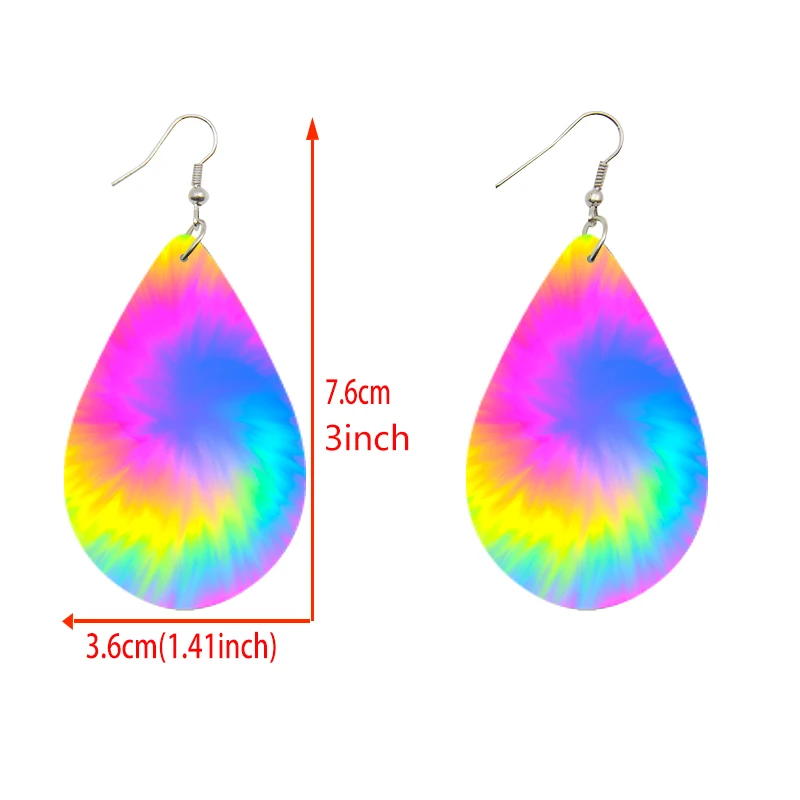 SOMESOOR Multicolor Psychedelic Teardrop Wooden Earrings Tie-dye Swirl Pattern Print Retro Ear Dangle Jewelry For Girls Women