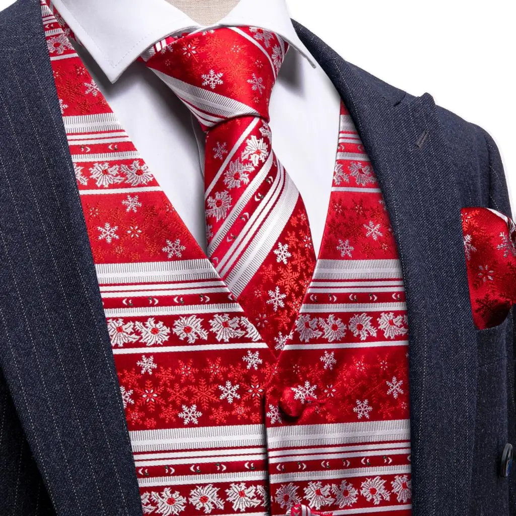 Designer Christmas Festival Vest for Men Silk Red White Snowflake Flower Star Waistcoat Tie Bowtie Set Happy Party Barry Wang