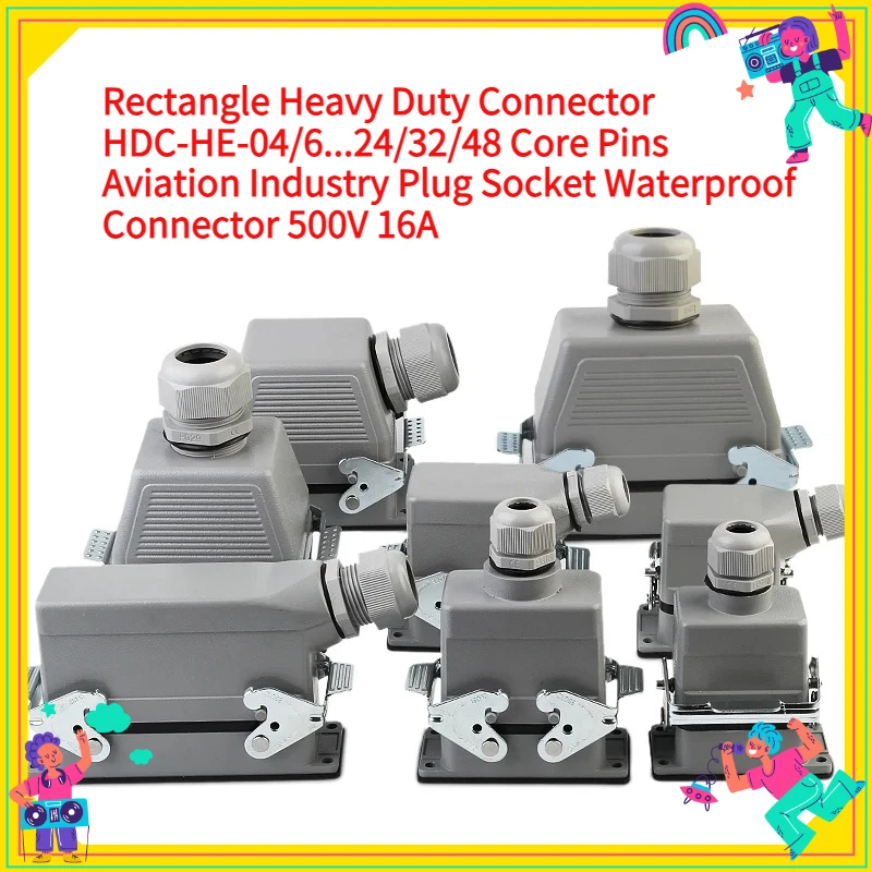 1PCS RectangleHeavy Duty Connector HDC-HE-04/6--24/32/48 Core Pins Aviation Industry Plug Socket Waterproof Connector 500V 16A-