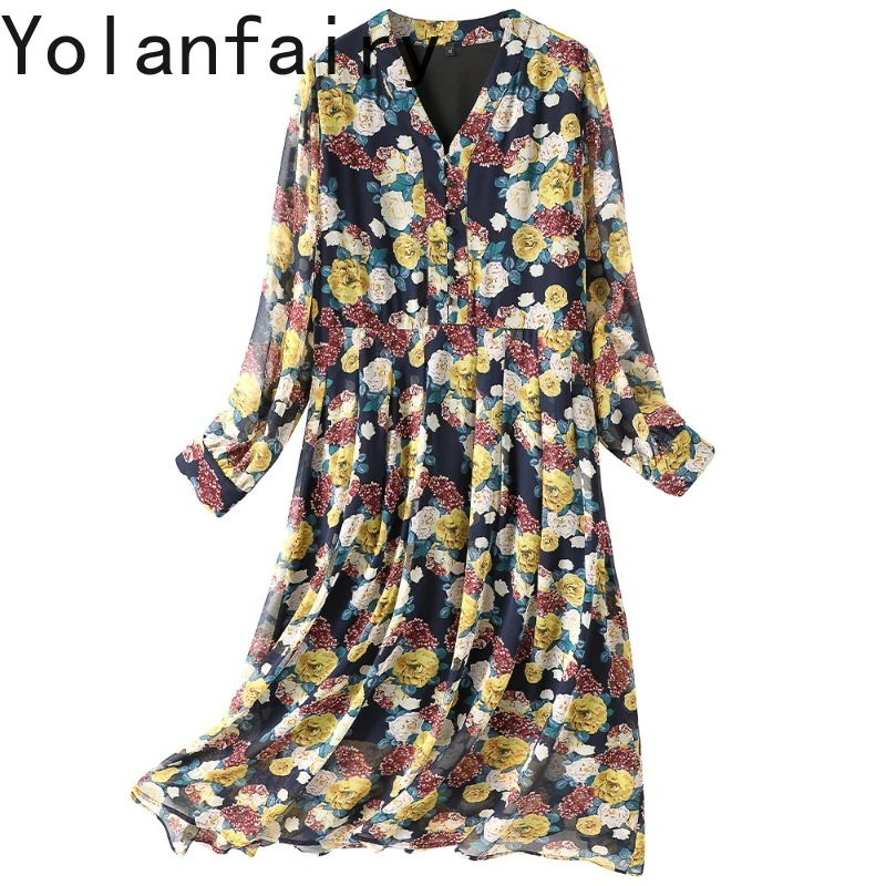 

YOLANFAIRY, новые модные платья с цветочным принтом для женщин, ранняя осень, свободное винтажное платье, элегантное шифоновое платье в корейском стиле с v-образным вырезом