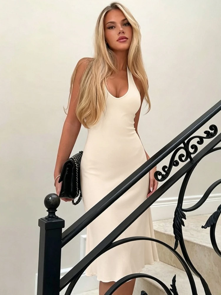 FDYOUI Sexy rückenfreie, einfarbige Midi-Kleider für Damen, schulterfrei, ärmellos, mit Schnürung, Tuniken, Urlaub, Partykleid, Streetwear