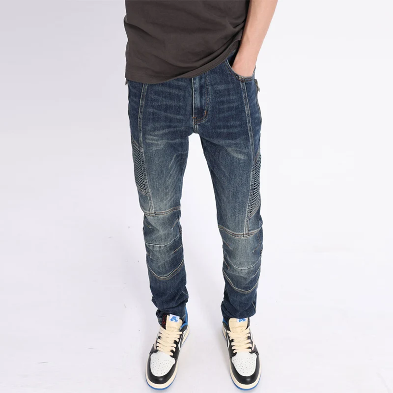 

Street Fashion Men Jeans Retro Blue Elastic Slim Fit Spliced Biker Jeans Men Wrinkle Patch Designer Hip Hop Denim Pants Hombre