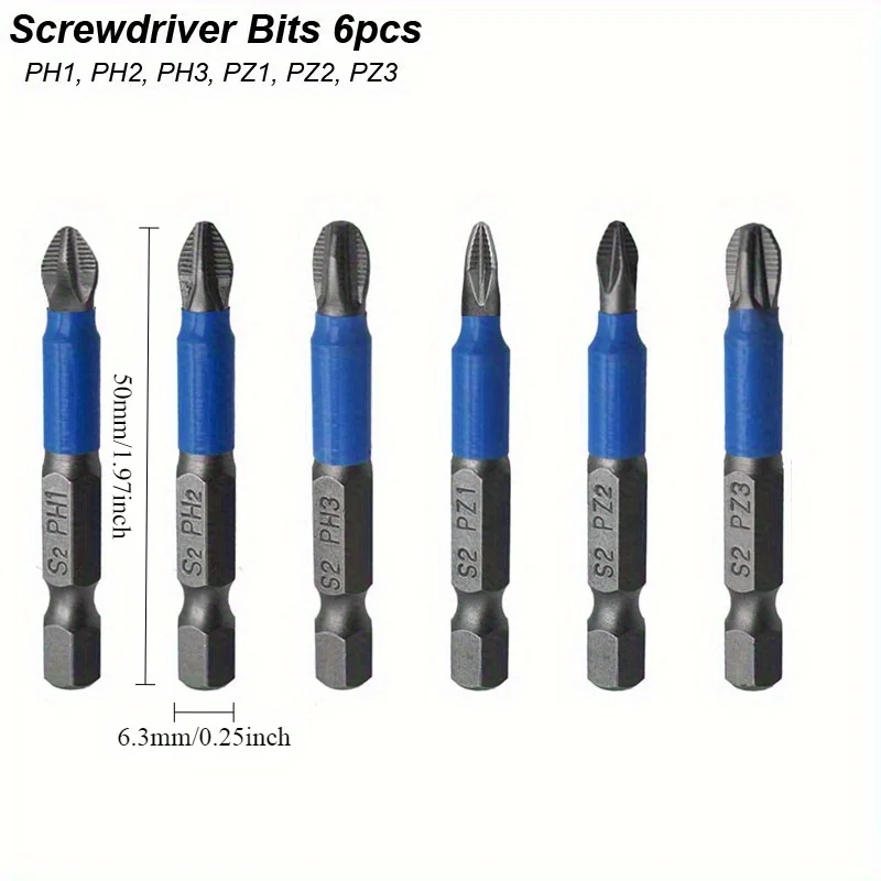 6pcs Magnetic Phillips Screwdriver Bit Set, Non-Slip Cross Head, 1/4" Hex Shank, S2 Steel - PH1 PH2 PH3 PZ1 PZ2 PZ3 view 3