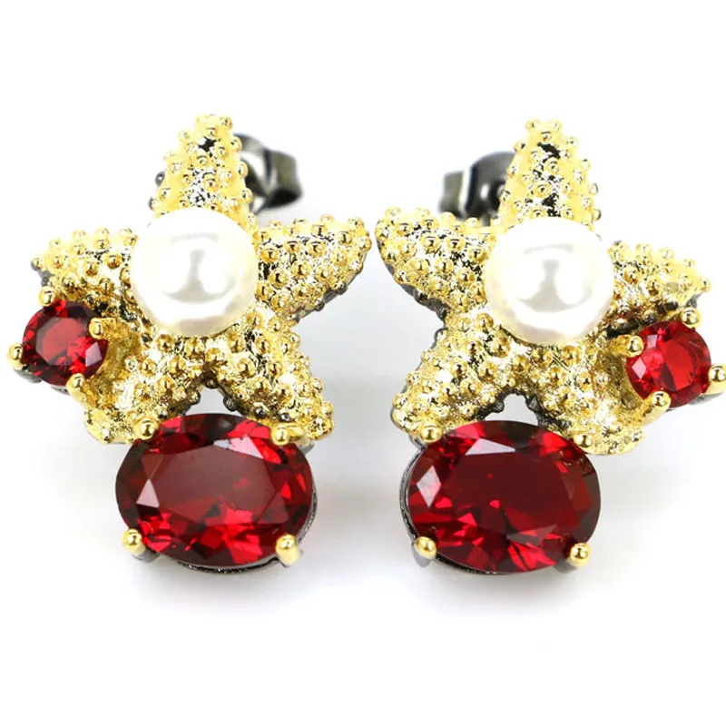 

22x17mm Starfish Shape Blood Ruby Pink Kunzite Rhodolite Garnet Pink Morganite Black Gold Silver Stud Earrings
