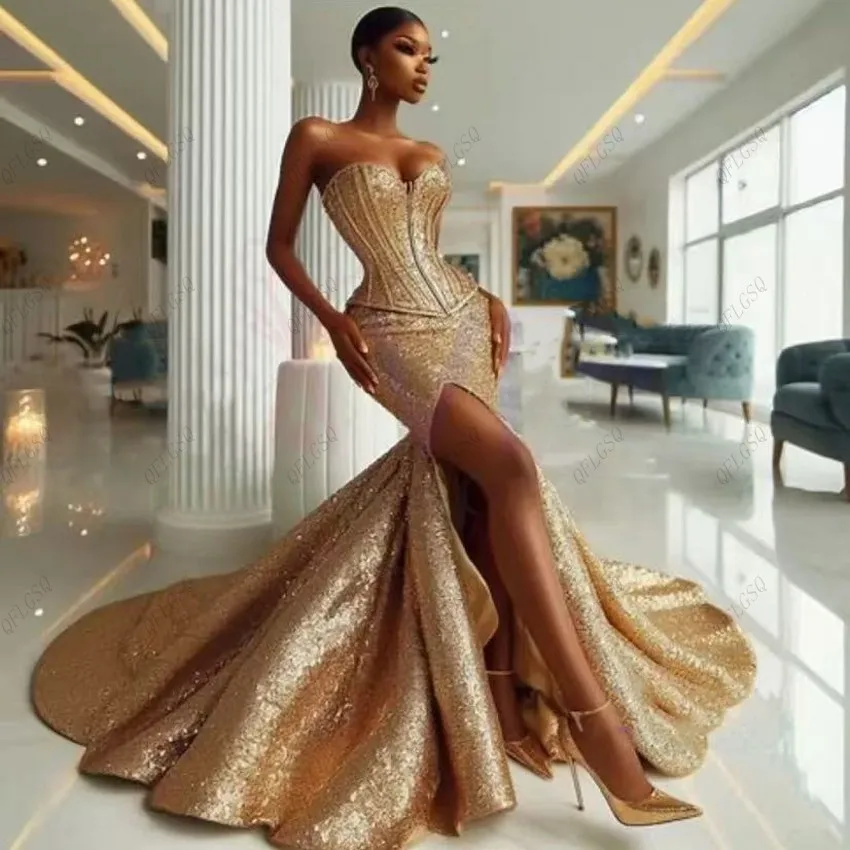 Shiny Sequins Prom Dresses Gold Couture Aso Ebi Wedding Second Dress Boning Lace Up African Sweetheart Prom Dress Mermaid Split
