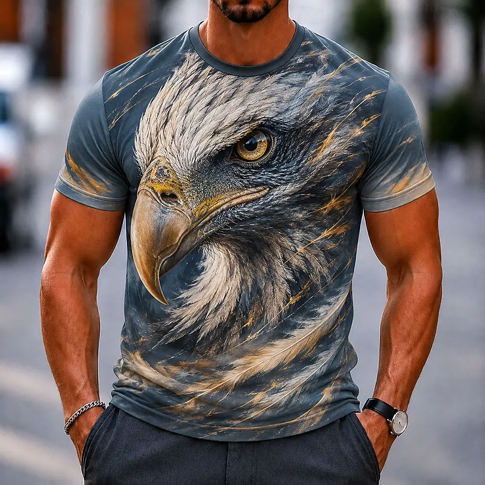 Men's Spring Summer 3D Printed Crew Neck Tee, Vintage Distressed Realistic Wild Wolf Mountain Scenery Animal Street Top