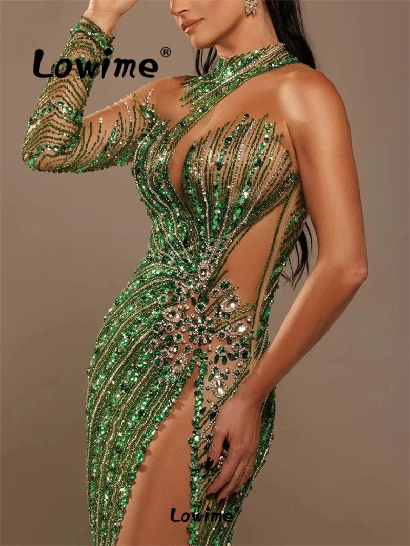 Customized Sexy See Through Green Evening Dresses Charming Party Celebrity Dress One Shoulder Long Prom Gowns Sequined Crystals