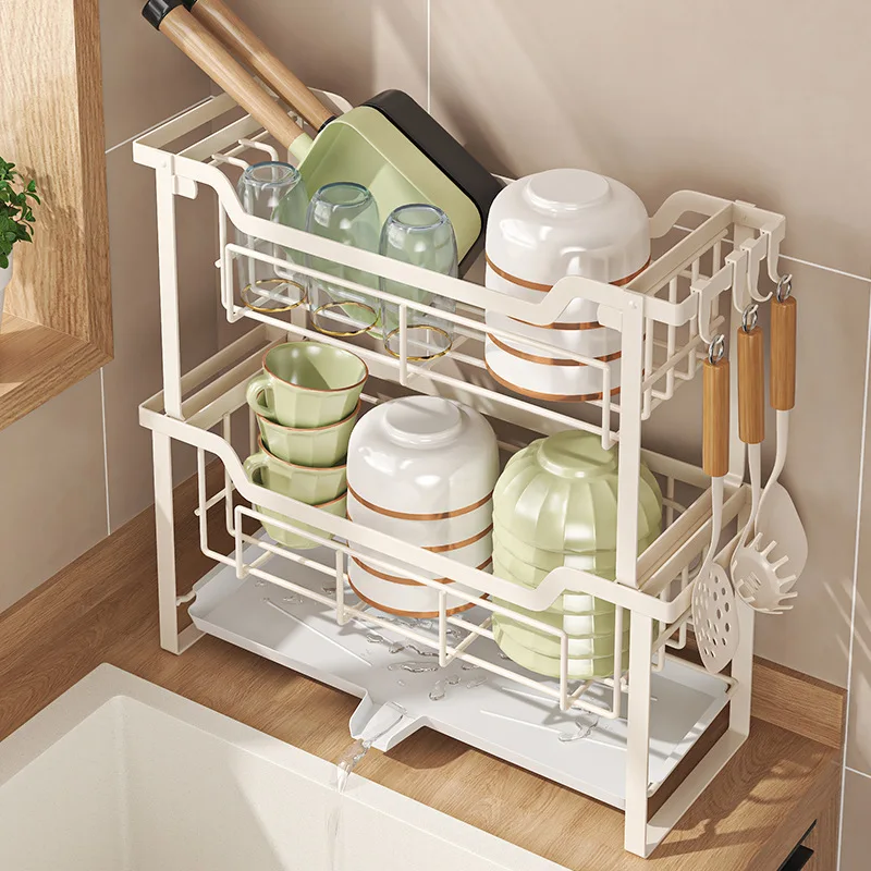 Multi-function Drying Rack 2-Tier Kitchen Dish Rack with Drainboard Kitchen Countertop Utensil Cup Holder Cutlery Storage Holder