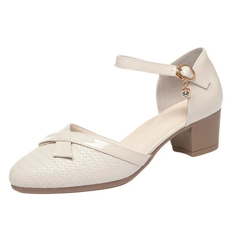 

Всесезонные удобные туфли из мягкой кожи с круглым носком и милым бантом, 4,5 см, 2022, женские туфли на среднем блочном каблуке для офиса, мамы и девочки