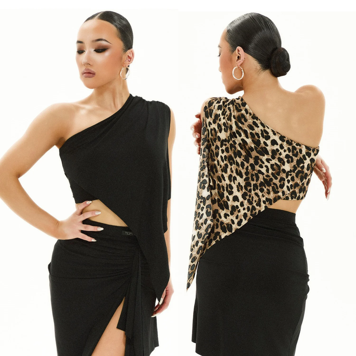 

2025 New Design Latin Dance Tops Women Slant Shoulder Irregular Tops Adult Summer Latin Practice Clothing Rumba Samba DNV23317