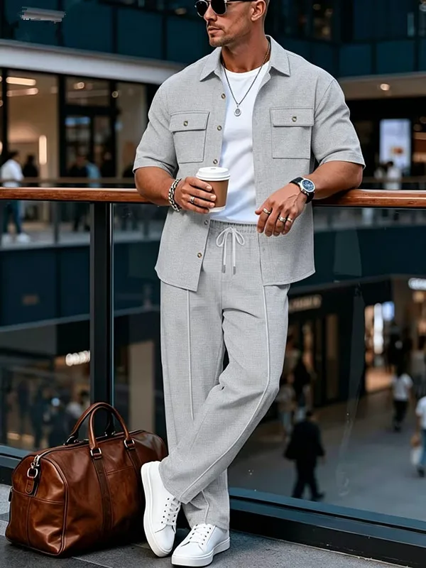 

Men's Spring and Autumn Top New Solid Color Button Pocket Shirt Men's Casual Shirt Short Sleeve Pants Set
