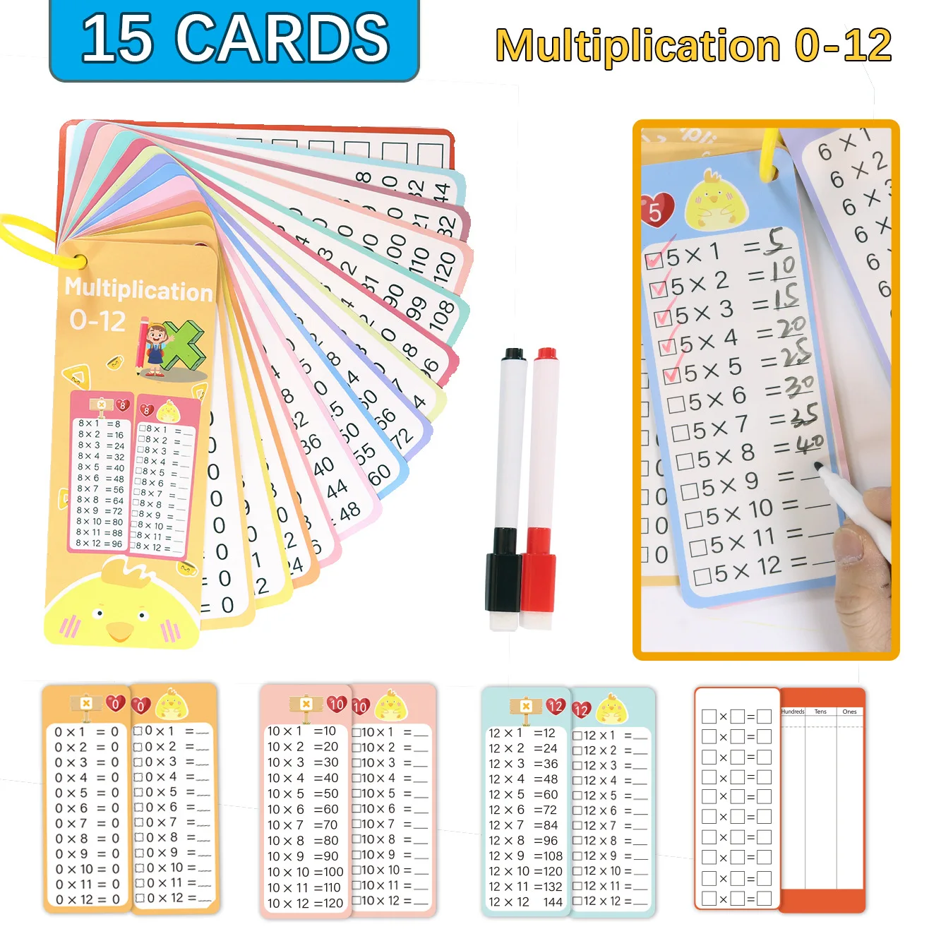 15 Sheets 2025 New Version of Division  Erasable Mathematics Learning Cards Addition, Subtraction, Multiplication, Division