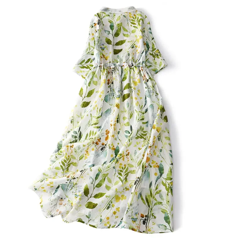 Robe longue en coton et lin pour femmes, mode d'été, motif Floral français, manches courtes, imprimée, ample, 2025