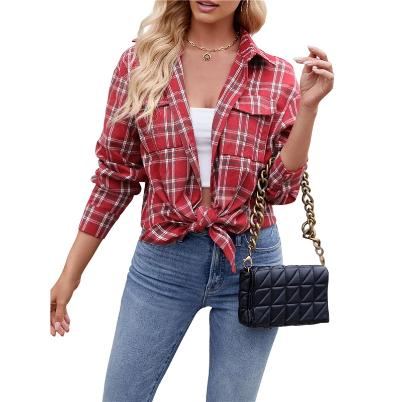 

CGS-Womens Classic Button Down Plaid Flannel Shirts Long Sleeve Oversized Casual Business Blouse Tops