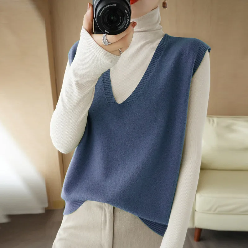 UHYTGF Sleeveless Knitted Vest Women V-Neck Pullover Casual Spring Autumn Sweater Waistcoat Female Blended Wool Tops Ladies 2104