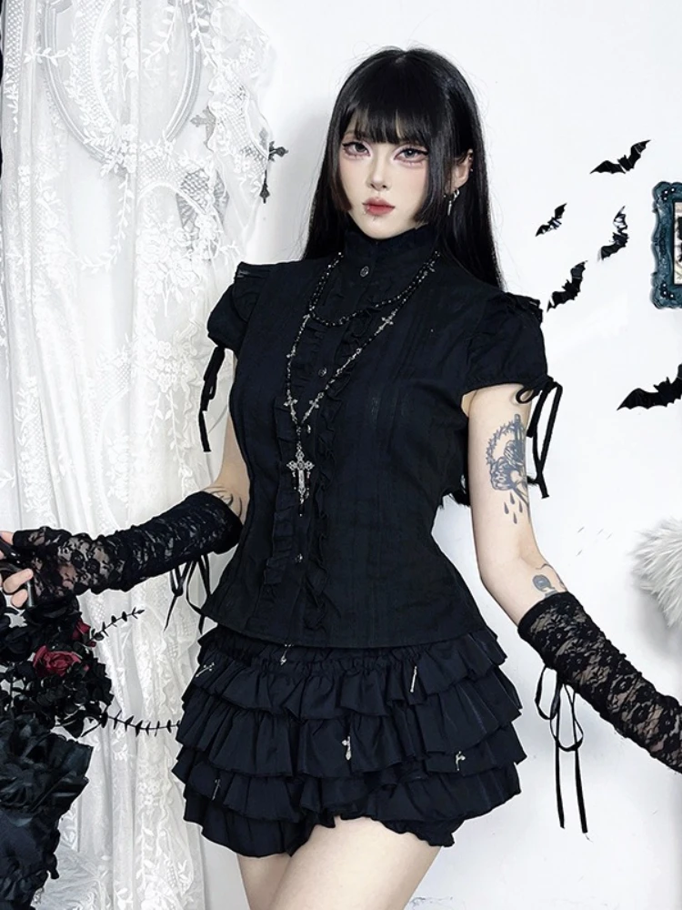 2025 Nieuwe Vintage Gothic Shirt Vrouwen Esthetische Fairycore Y2K Grunge Donkere Eetbare Boom Schimmel Patchwork Korte Mouw Blouse Vrouwelijke