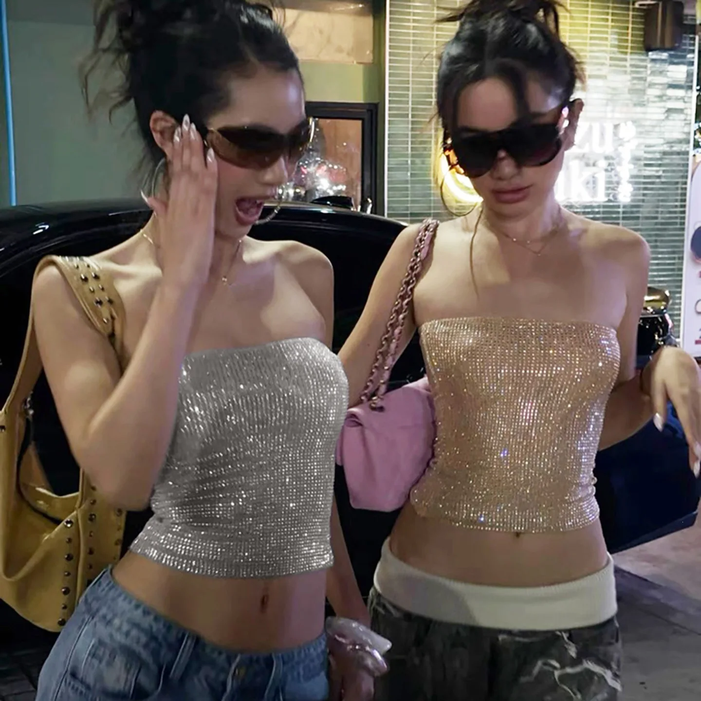 Waist sequin decoration backless sexy sleeveless vest for summer street girls, women's slim fit short strapless top