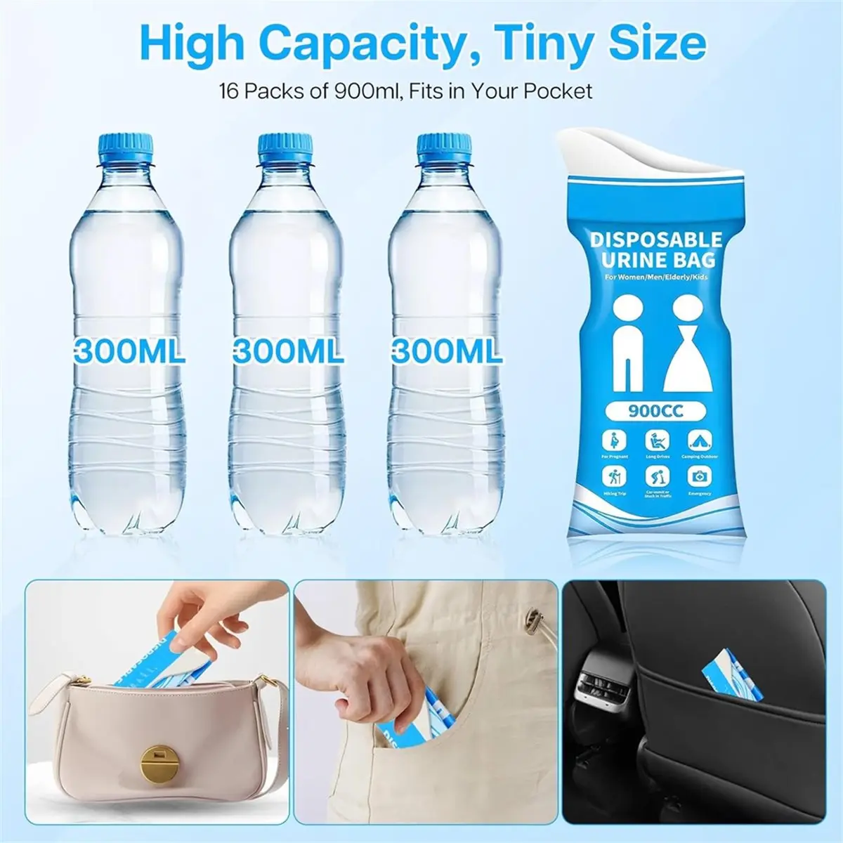 POPULAR-Disposable Urine Bags, 16 Pack 900ml Portable Urinal,Emergency Urine Bags for Men and Women,Travel Leak-Proof Pee Bags