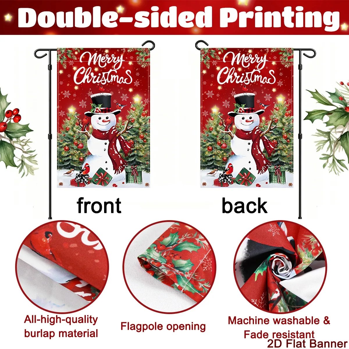 30*45cm Merry Christmas Polyester Garden Flag Watercolor Snowman Xmas Tree Style Yard Flag Home Garden Navidad Party Decoration