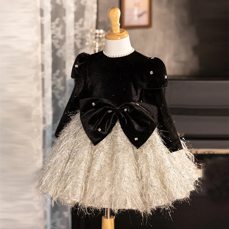 

Платье для девочек, легкое роскошное нишевое платье высокого класса для выступлений на фортепиано, платье принцессы для маленьких девочек на первый день рождения, осеннее платье с длинными рукавами