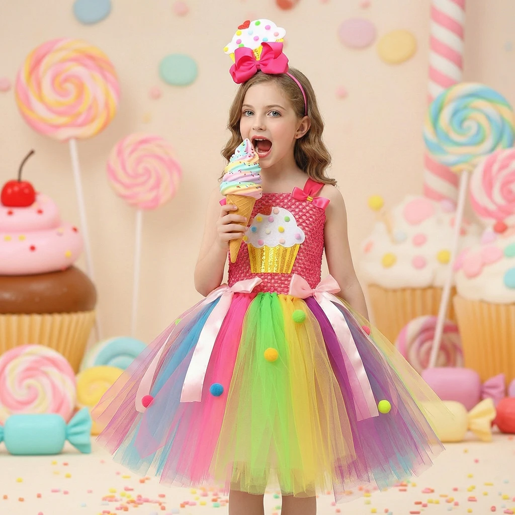 Girls Purim Carnival Candy Lollipop Costume Cupcake Girls Birthday Party Tutu Princess Dress Sweet Candyland Rainbow Ball Gowns image 3
