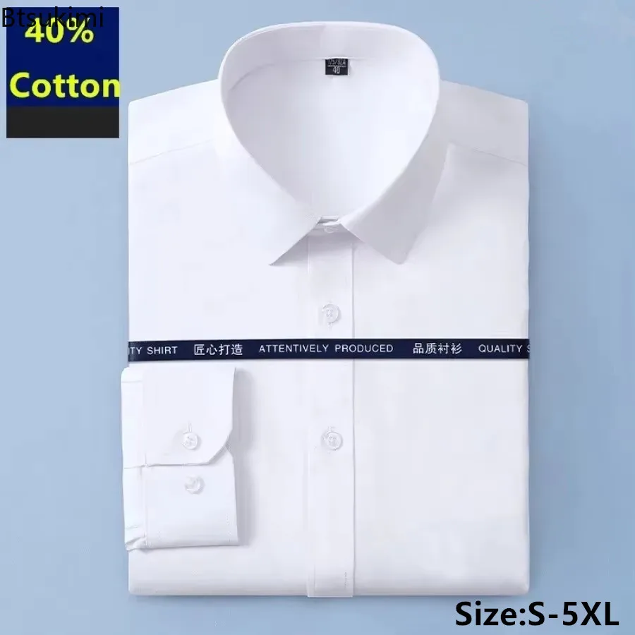 2026 Men's Formal Business Shirts Cotton Soft Tops Man Long Sleeve Lapel Solid Non-ironing Office Shirts Slim Fit Shirts for Men
