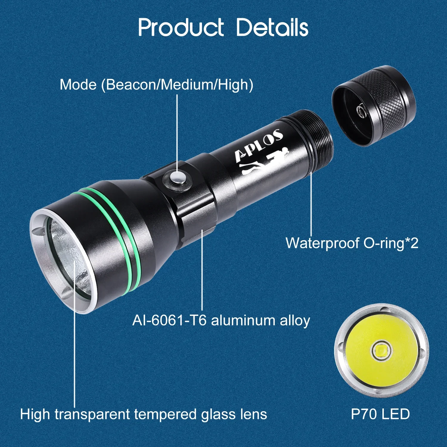 APLOS AP50 Scuba Diving Flashlight P70 Super Bright 5000lm 26650 Battery Dive Torch 110m Underwater IPX-8 Dive Lamp Lantern