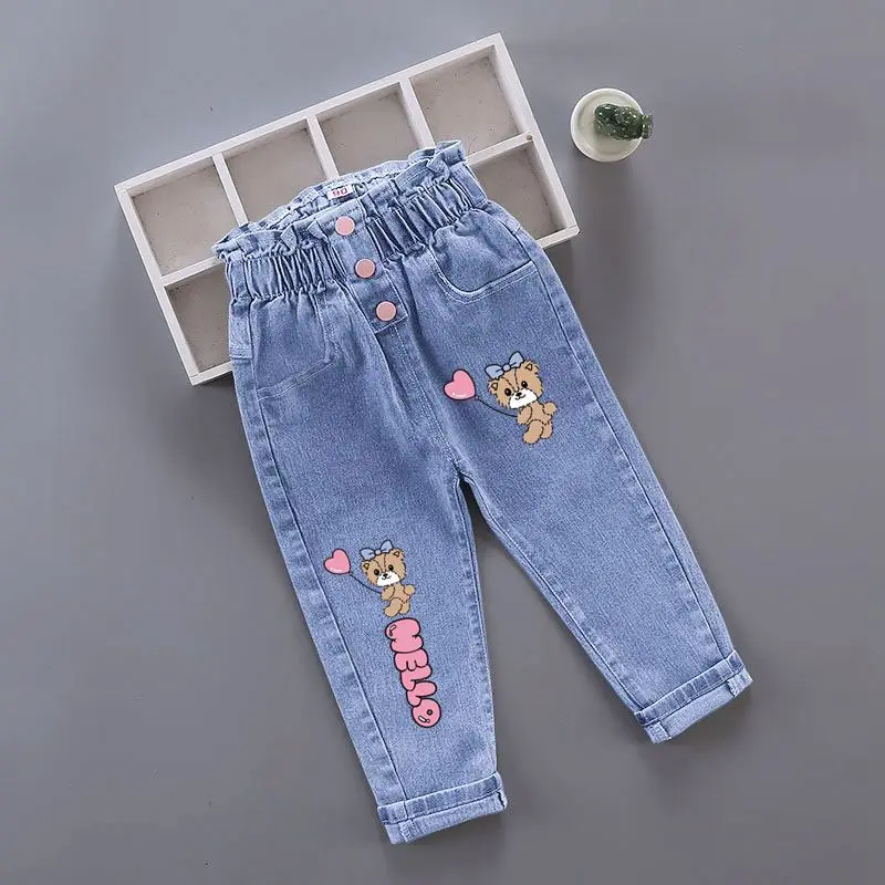 Winter Baby Girls Plush Denim Pants Toddler Kids Cartoon Butterfly Printing Jeans Children Fashion Leisure Keep WarmTrousers1-6Y