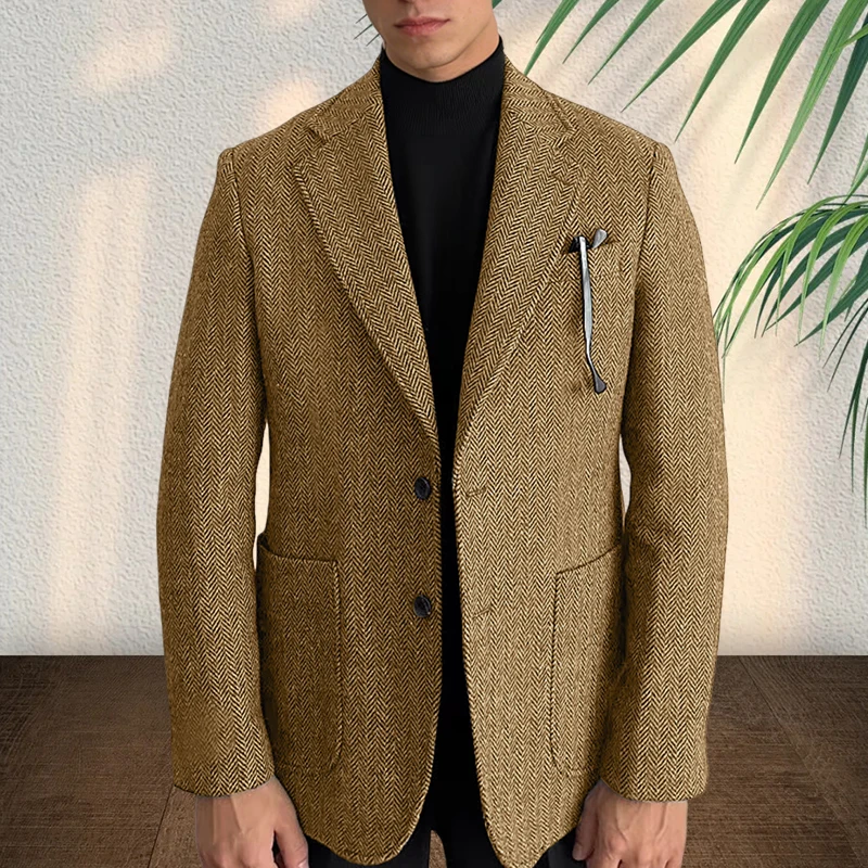 Men's herringbone suit coat grey single breasted lapel slim fit men's jacket Business casual tailored plus size man blazer