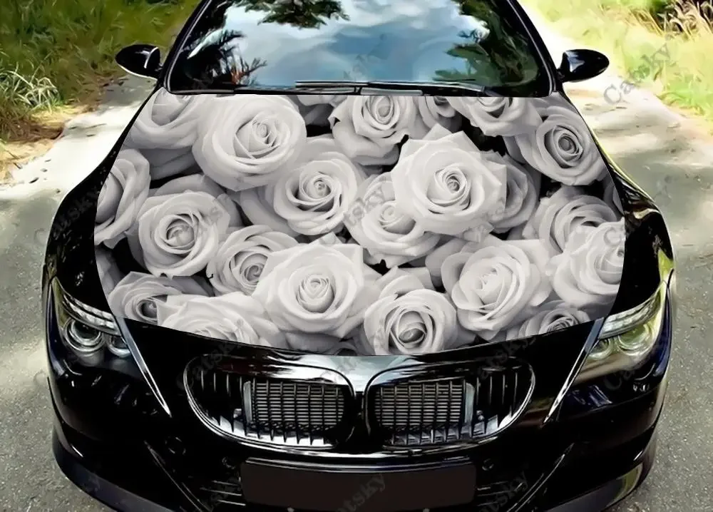 White Rose Flowers Car Hood Decal Stickers Wrap Vinyl Film Engine Cover Decals Sticker Car Hood Protective Film