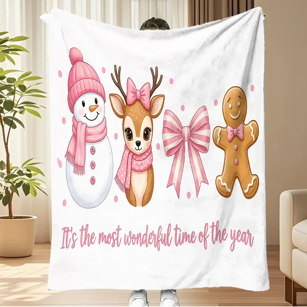 Red Blanket Merry Christmas Flannel Blanket Gingerbread Man Santa Claus Snow Tree Printed Soft Fluffy Office Sofa Chair Nap Gift