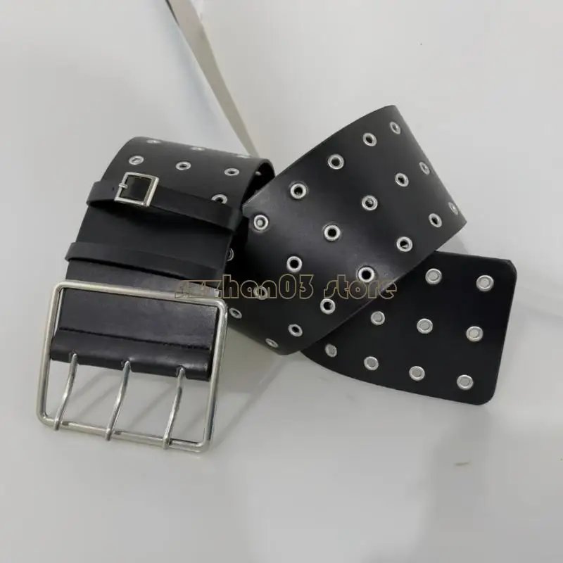 367C Western Gothic Wide Belt Punk Metal Eyelet Hollow Design Faux Leather Accessory