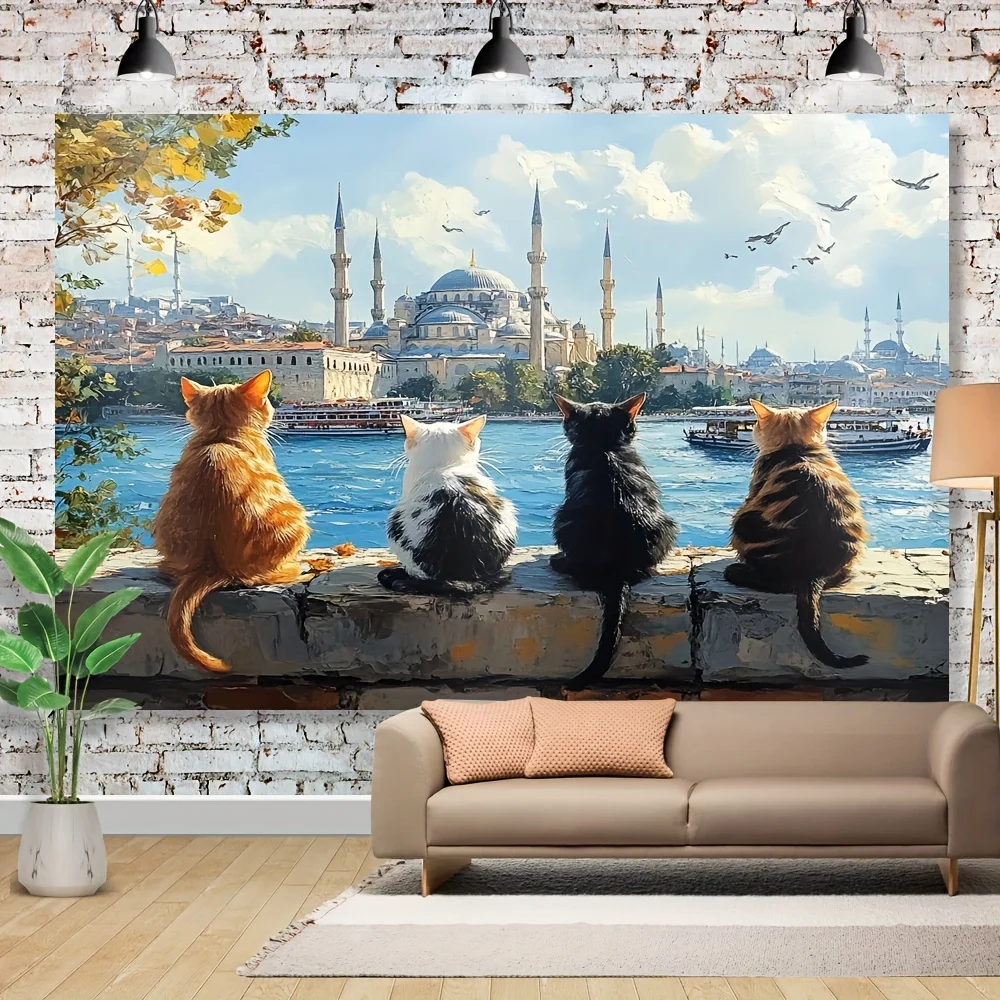 1pc Four Cats Watching Istanbul Mosque Sea View 2D Flat Tapestry Backdrop For Living Room Decor Travel Wall Hanging Art