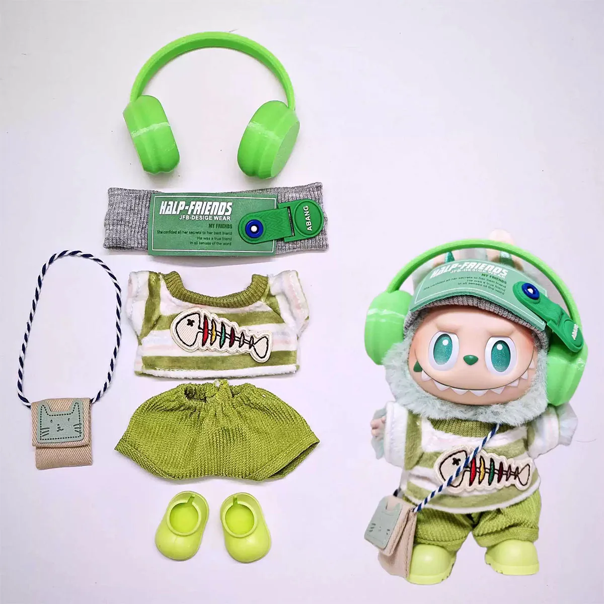 

Clothes For Labubu I II Doll Green Outfit with Bag Universal Mini Plush Doll Clothing Korea Style for Collectible Figures