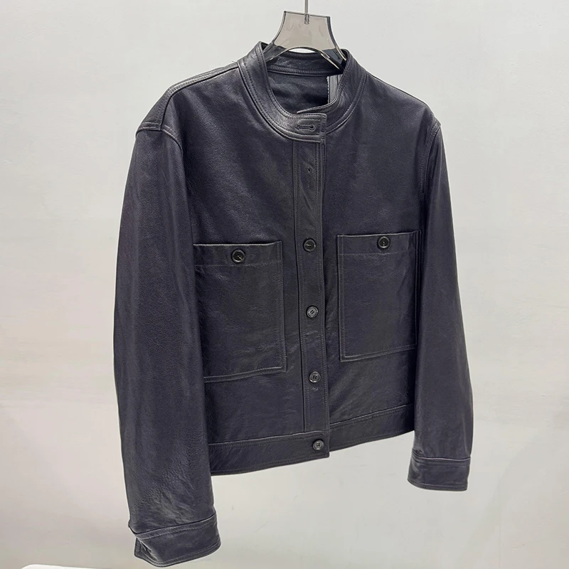 レトロオイルワックスレザー女性本革ジャケットコート 2026 春のファッションスタンドカラー女性カジュアル A レベルシープスキンジャケット